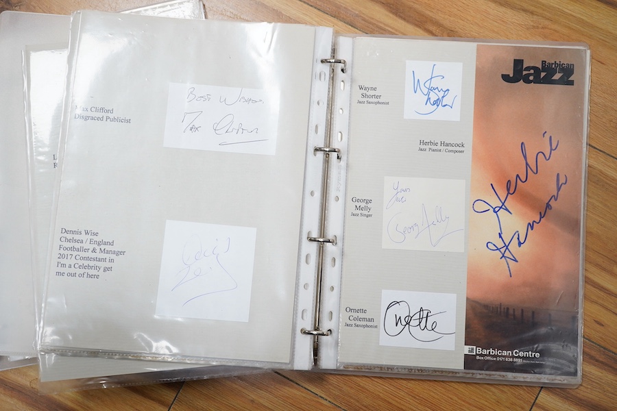 A collection of autographs, signed photos, and signed theatre programmes contained within two folders, celebrities including; Bud Flanagan, Frankie Vaughan, Herbie Hancock, Marty Wilde, Cliff Richard, Lisa Stevens, Cleo